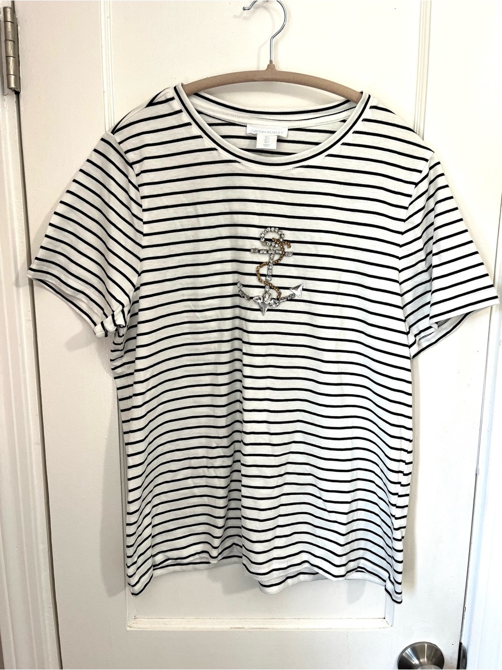 Cynthia Rowley Black & White Striped Short-Sleeve Tee with Anchor Embellishment
